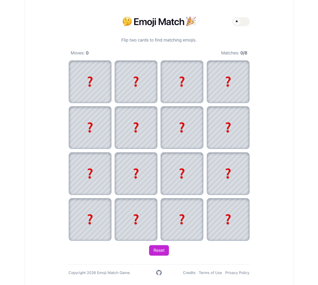 Game interface for Emoji Match, featuring a grid of hidden cards with question marks, move and match counters, and a reset button.