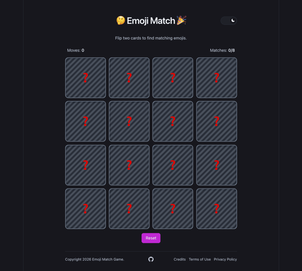 A grid of cards with question marks, featuring the title 'Emoji Match' at the top, indicating a game to match emojis. The current moves and matches display, and a 'Reset' button is visible.